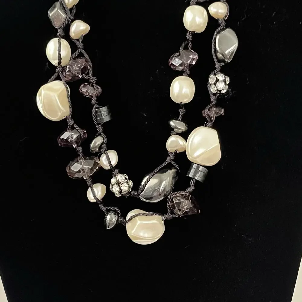 Chico’s Necklace Faux White Gray Pearls Gunmetal Rhinestones Chunky 16